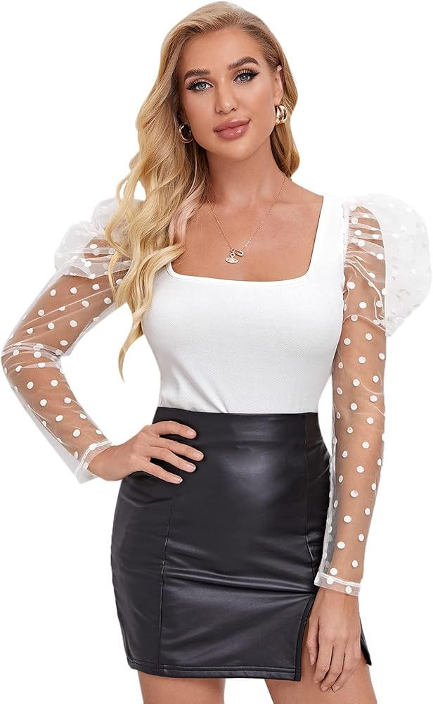 SweatyRocks Women's Mesh Polka Dots Puff Long Sleeve Square Neck Rib Knit T Shirt Top | Amazon (US)