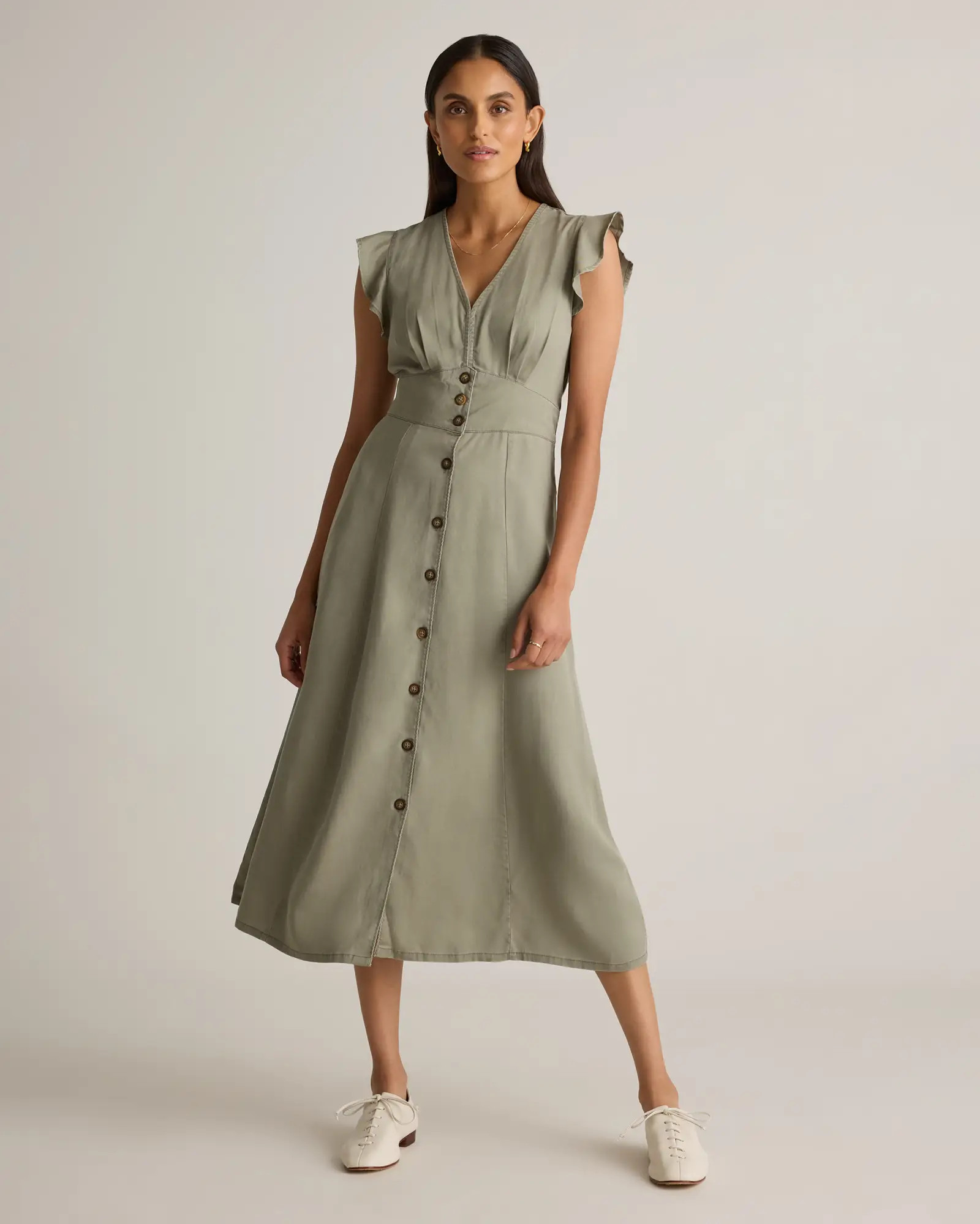 Vintage Wash Tencel Button Front Midi Dress in Olive | Quince
