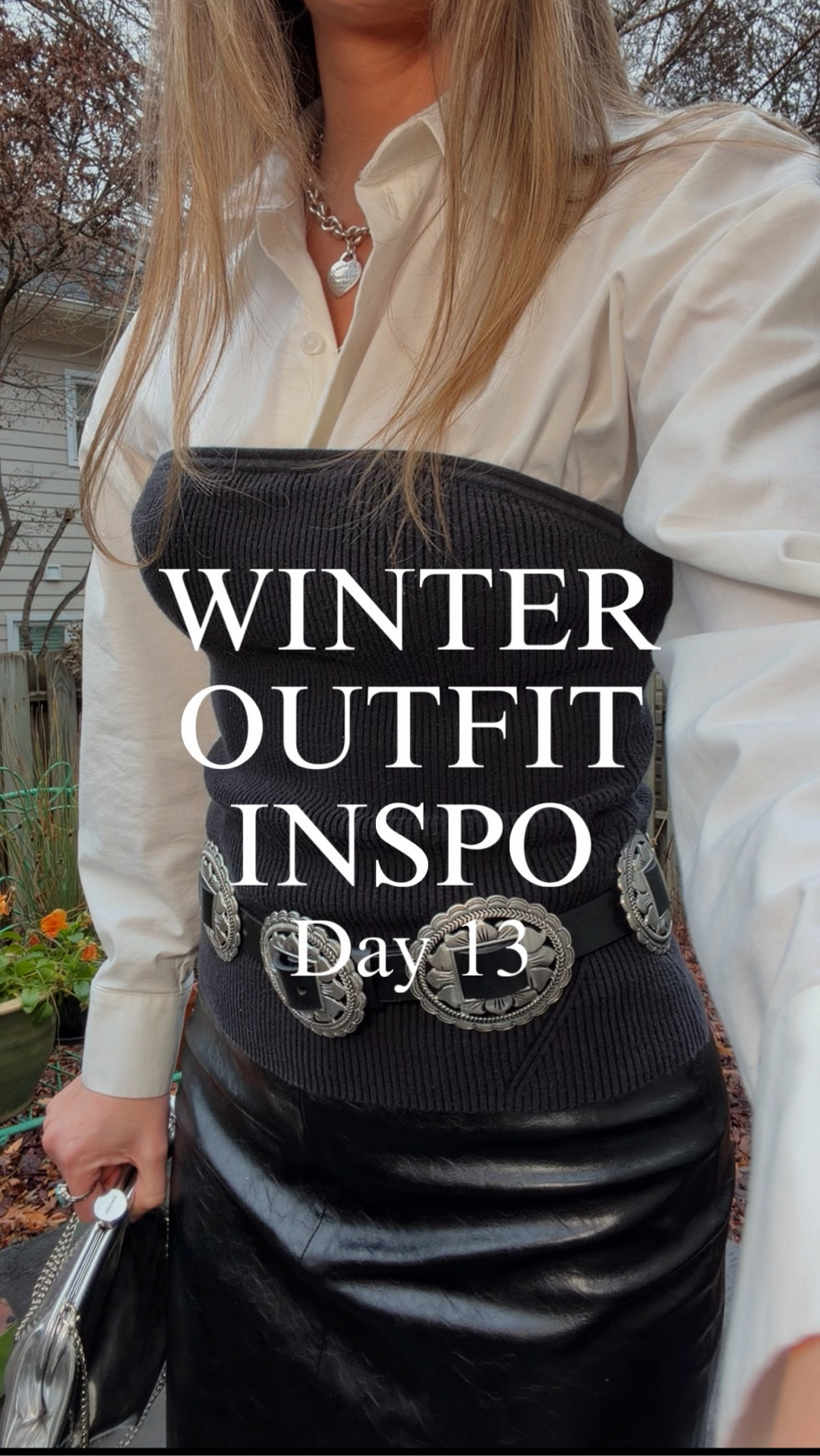 NYC outfit in a North Carolina townhouse backyard. The background isn’t going to stop me from dressing in what brings me joy. 

Day 13 of giving you chic, fun, flattering winter outfit inspiration❄️ 

Layered dressing: black leather midi skirt, white button up blouse, fitted tube top over the shirt and completed with a chic metal / western accent belt. 

#LTKFindsUnder50 #LTKootd