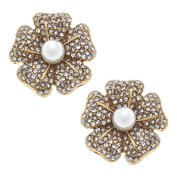 Gabbi Pavé Flower with Pearl Stud Earrings in Worn Gold | CANVAS