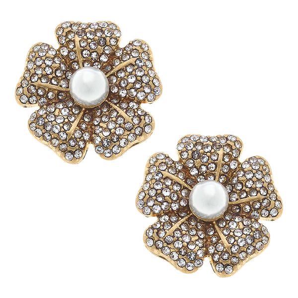 Gabbi Pavé Flower with Pearl Stud Earrings in Worn Gold | CANVAS