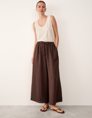 The White Company Linen Gauze Wide Leg Beach Trousers, Chocolate, Size: L Short | The White Company UK & ROW