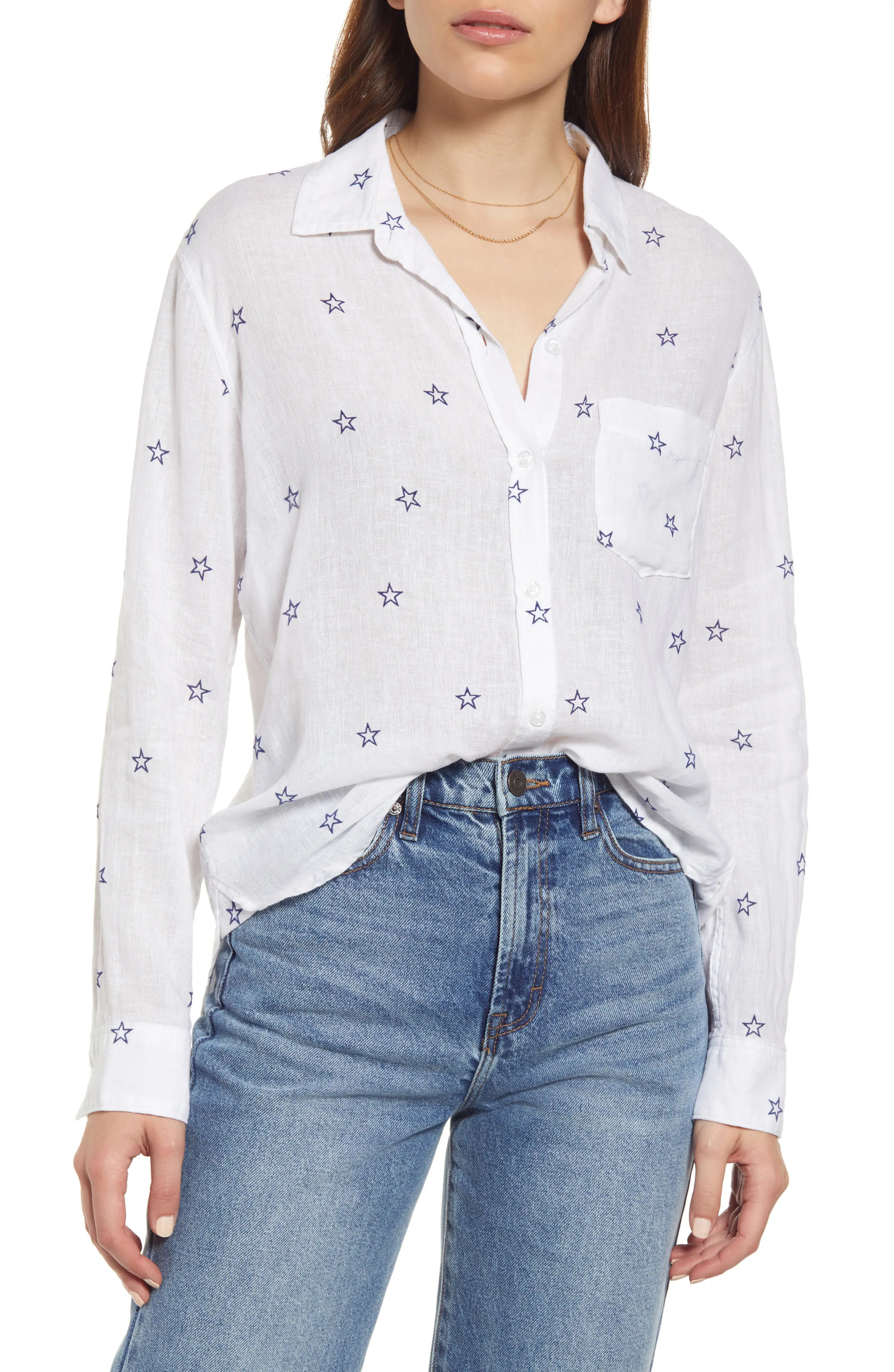 Rails Charli Star Linen Blend Blouse in Flocked Midnight Stars at Nordstrom, Size X-Large | Nordstrom