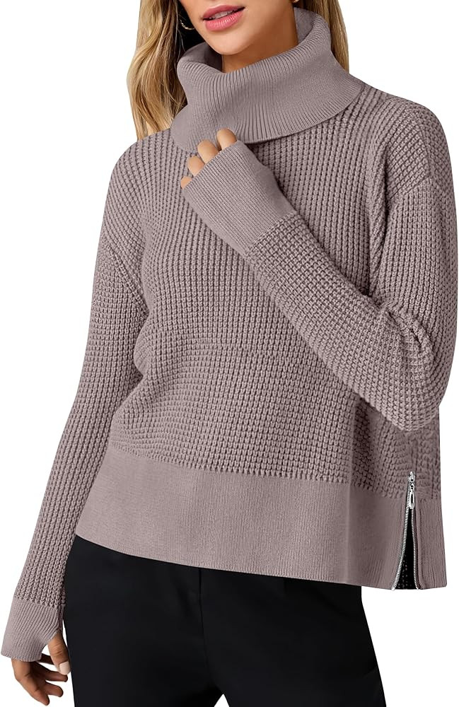 ANRABESS Womens Turtleneck Long Sleeve Sweaters Waffle Knit Casual Side Zipper Pullover Tops Thum... | Amazon (US)