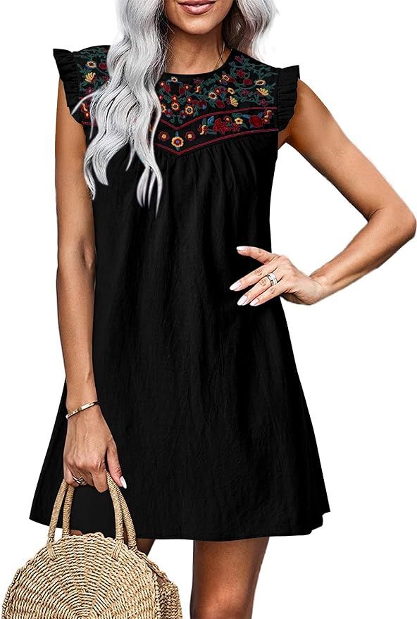 KIRUNDO Women's 2024 Casual Summer Sleeveless Boho Floral Embroidered Mini Dress Loose Babydoll S... | Amazon (US)