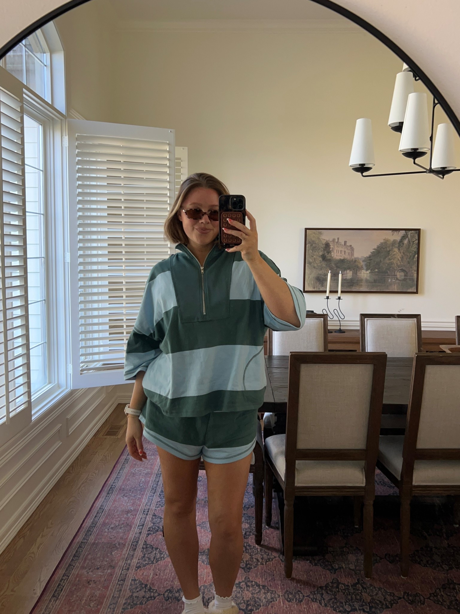 Size M in free people set! Sooo cute love the blue stripes. Amazon sunglasses!
