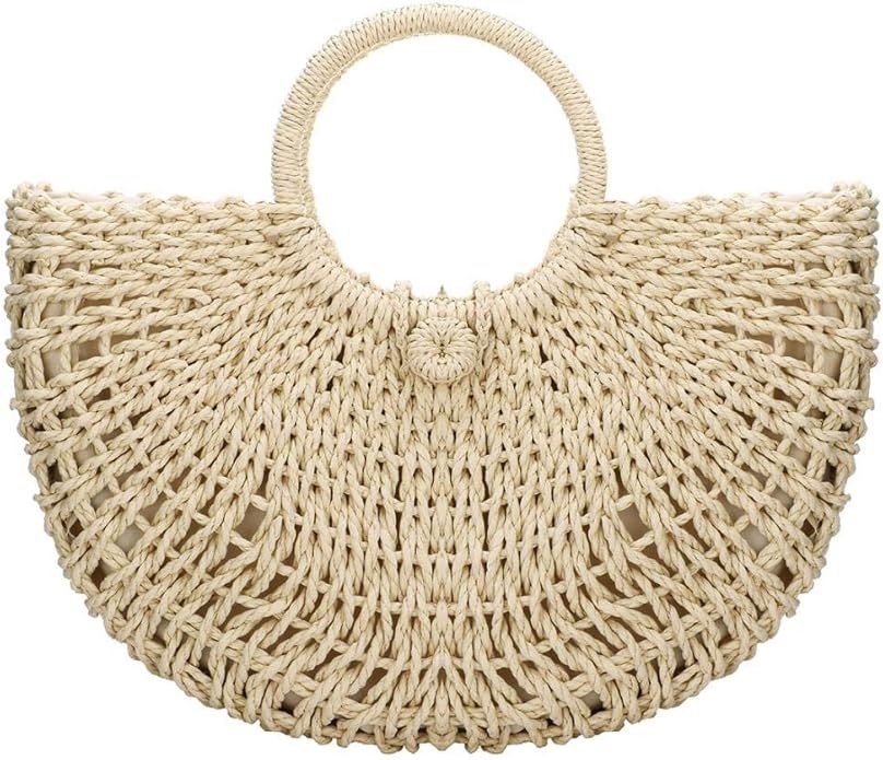 Straw Bags for Women,Hand-woven Straw Top-handle Bag with Round Ring Handle Summer Beach Rattan T... | Amazon (US)