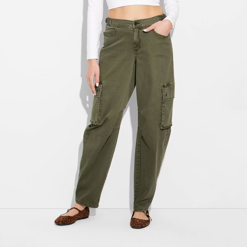 Women's Mid-Rise Barrel Cargo Pants - Wild Fable™ Olive Green M | Target