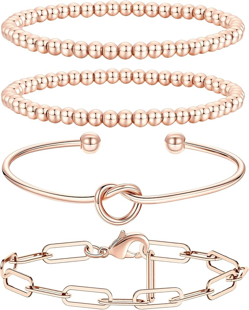 Wowshow Gold Beaded Bracelets for Women Stackable Ball Chain Stretch Bead Bracelet Set 14K Gold Plat | Amazon (US)