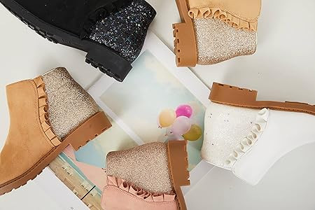 Coutgo Girls Glitter Ankle Boots Kids Ruffle Dress Booties Fashion Chunky Side Zip Casual Shoes | Amazon (US)