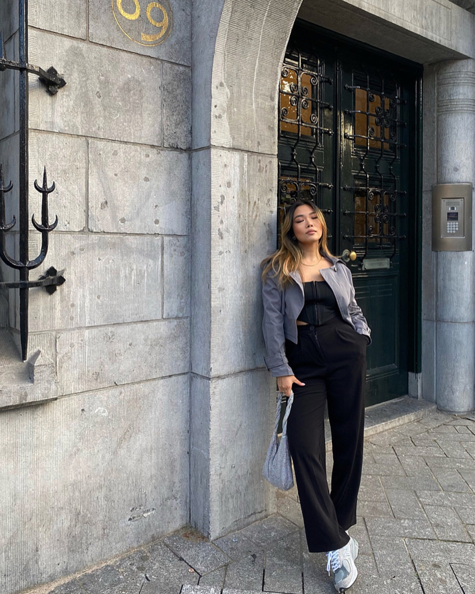 Cropped grey trenchcoat, how to style, black trousers, glitter bag, prada sunglasses, new balance, pinterest style, parisian vibe 

#LTKunder50 #LTKSeasonal #LTKeurope
