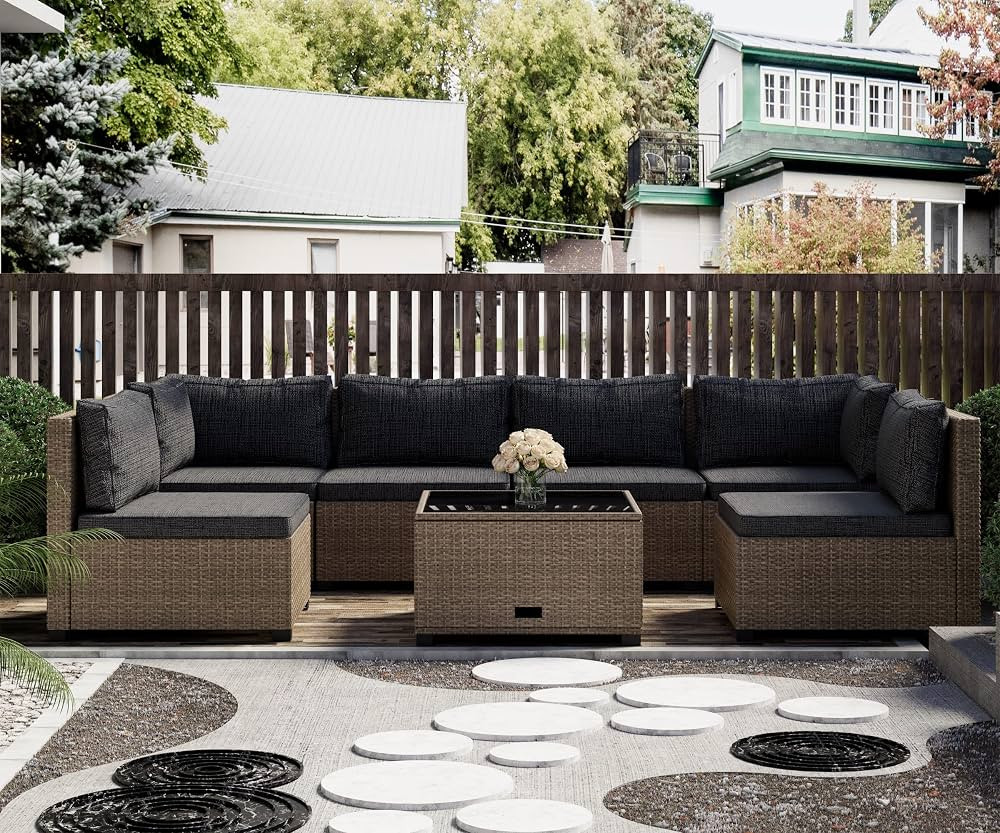 LHBcraft 7 Piece Patio Furniture Set, Outdoor Furniture Patio Sectional Sofa, All Weather PE Ratt... | Amazon (US)