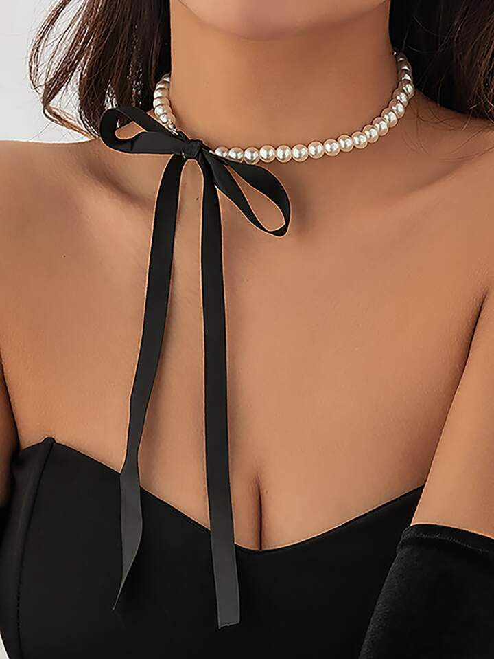 1pc Elegant Black Velvet Bow Choker Necklace With Faux Pearl Chain, Y2k Style Women's Accessary | SHEIN