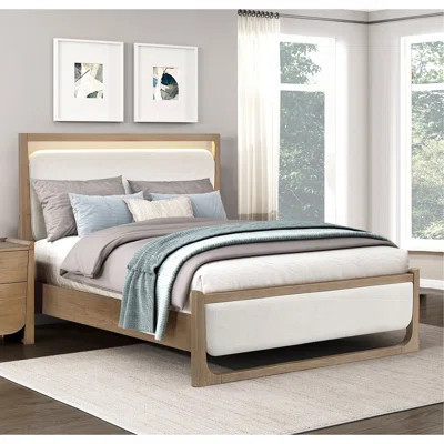 1Pc Modern Light Brown Finish Upholstered LED Bed Queen Size Stunning Design Wooden Bedroom Furniture | Wayfair North America