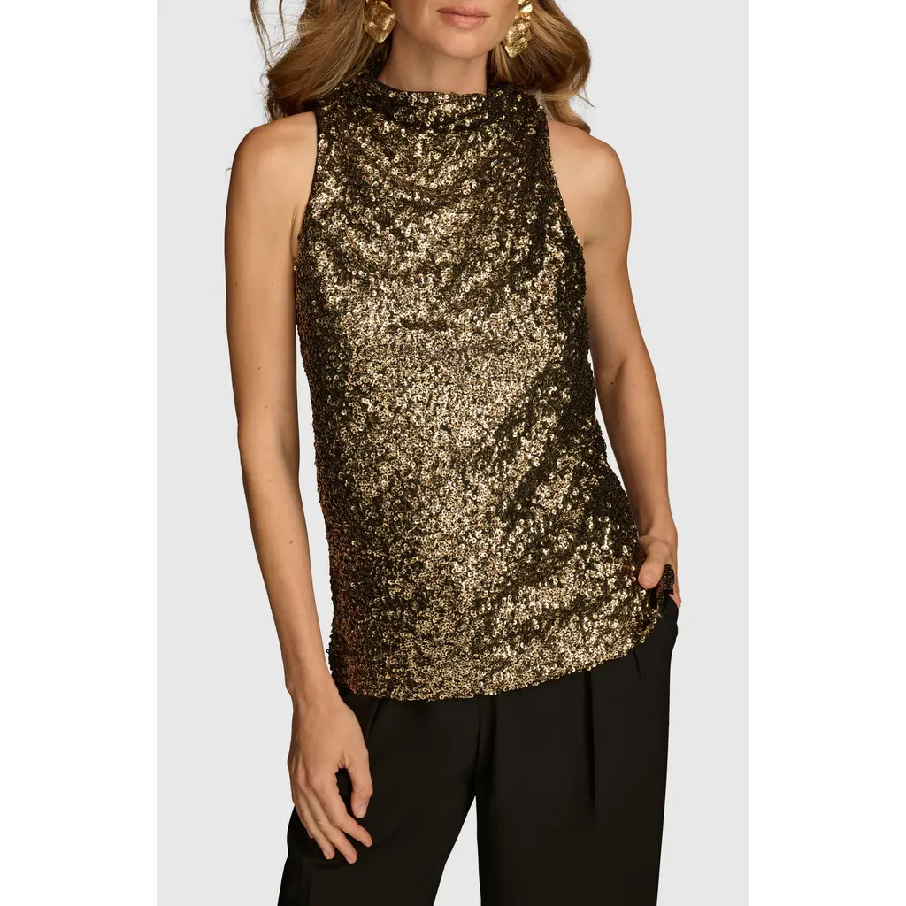 DONNA KARAN Sequin Cowl Neck Sleeveless Top in Gold/Black at Nordstrom, Size X-Large | Nordstrom