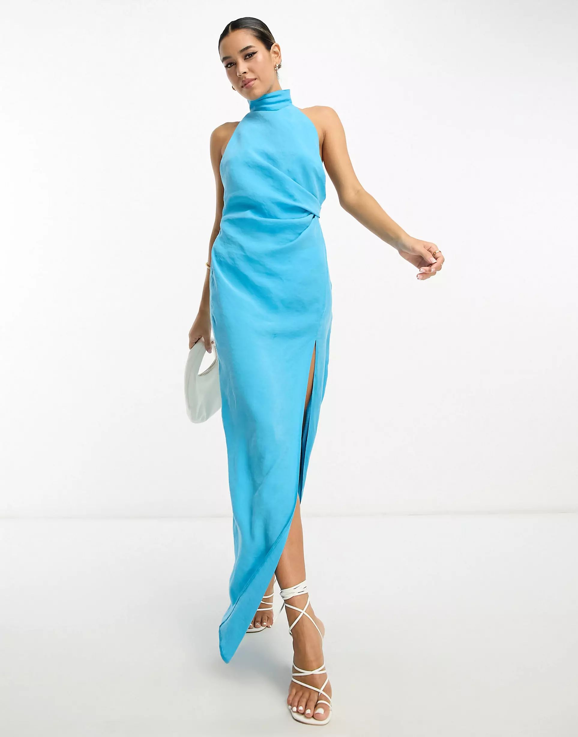 ASOS DESIGN washed halterneck maxi dress with twist strap back detail in turquoise | ASOS (Global)