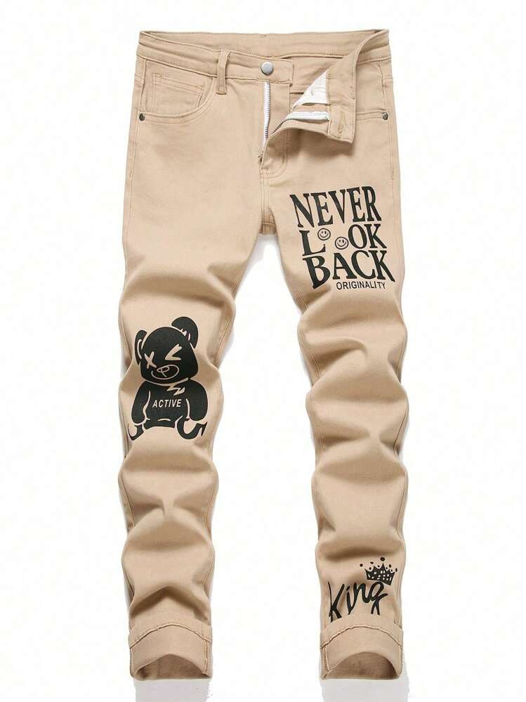 Teen Boy Casual Slogan & Cartoon Bear Print Denim Jeans | SHEIN