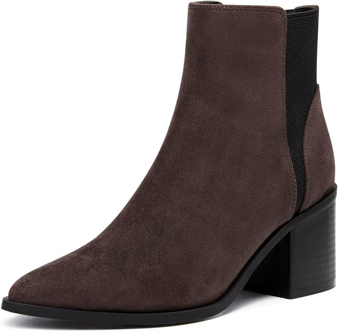 Coutgo Womens Pointed Toe Ankle Boots Elastic Chunky Block Stacked Mid Heel Slip On Chelsea Booti... | Amazon (US)