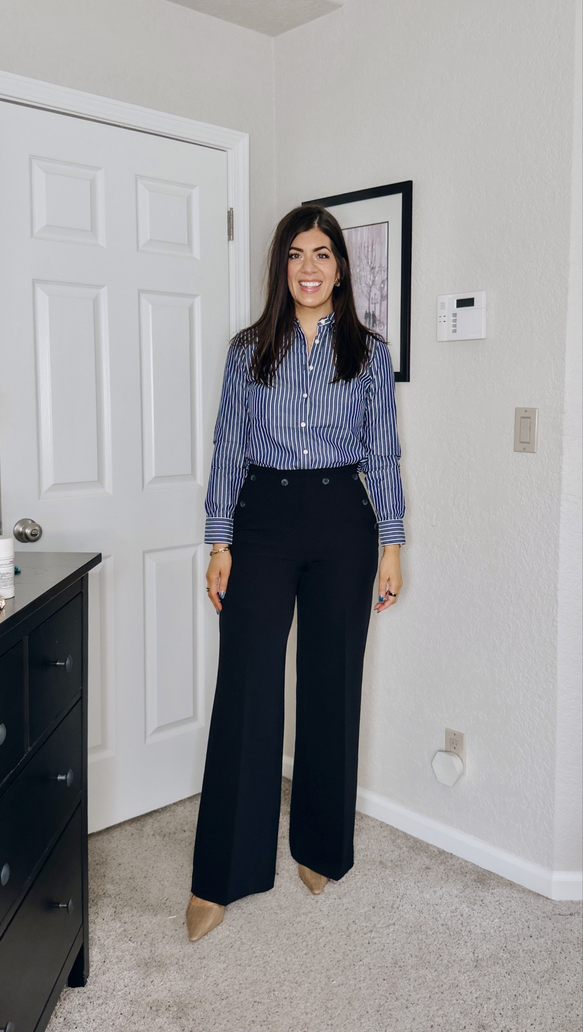 Work outfitting
In a medium button up shirt
10 long wide leg pants 

#LTKWorkwear #LTKMidsize #LTKOver40