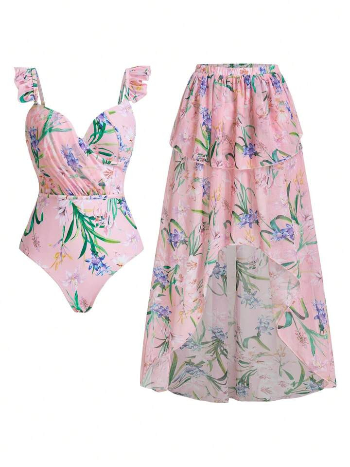 Swim Oasis Women Floral Print Minimalist Fitted Sleeveless One-Piece With Cover Up Skirt, For Sum... | SHEIN