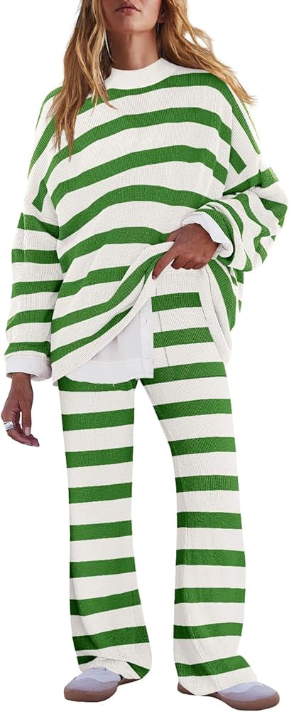 LAMISSCHE Oversized Womens Lounge Set Striped Sweater Set Long Sleeve 2 Piece Pajama Set Top and ... | Amazon (US)