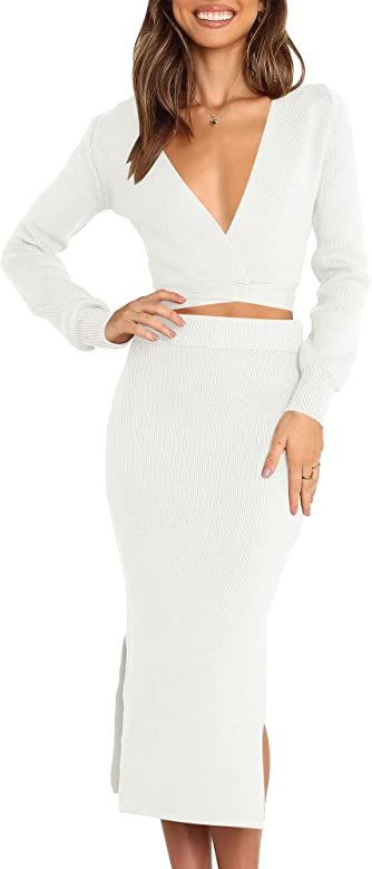 LOGENE Women's 2 Piece Outfit V Neck Open Back Ribbed Knit Sweater with Belt Split Bodycon Dress ... | Amazon (US)