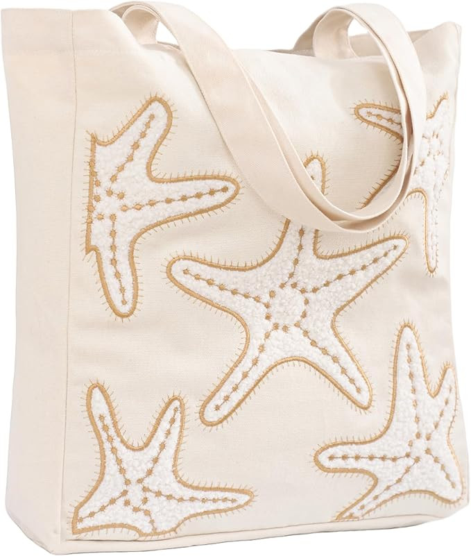Ocean-Themed Embroidery Tote Bag for Women Summer Canvas Beach Bag Reusable Bag for Shopping Groc... | Amazon (US)
