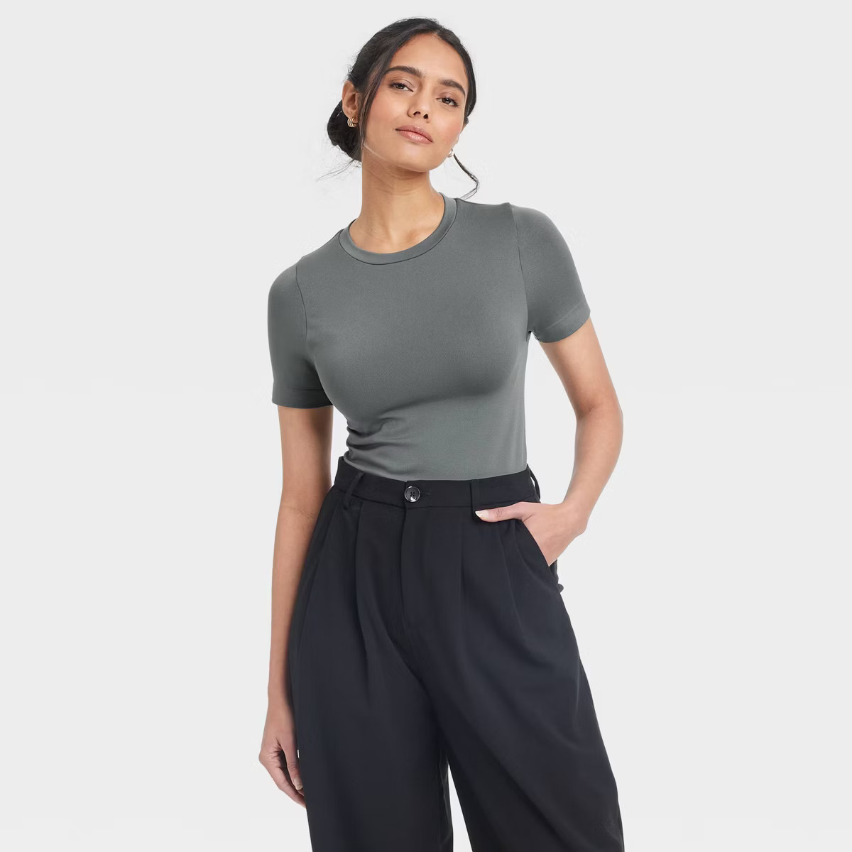 Women's Slim Fit Short Sleeve Seamless Baby T-Shirt - A New Day™ Gray S: Lightweight Jersey Pul... | Target