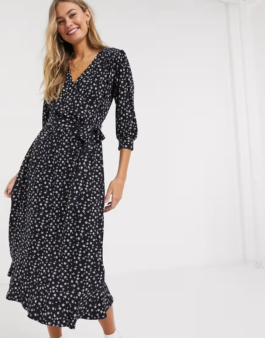 Oasis polka dot wrap tiered midi dress in navy-Blue | ASOS (Global)