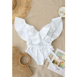 Plunging V-Neck Ruffle One-Piece Swimsuit in White | Chicwish