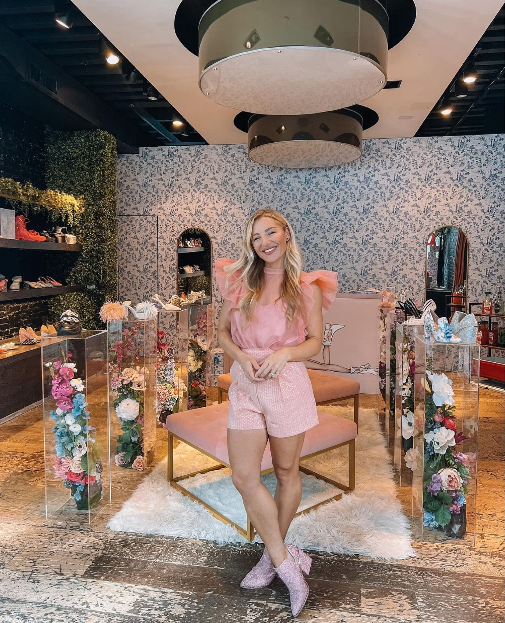 Too many pink clothes in your closet?? Me too!! Just put them all together for a styled and monochromatic look✨🎀 A pink ruffle top with light pink shorts and the most dazzling booties aka LE TIGRE DYNAMITE!! 

#LTKSeasonal #LTKshoecrush #LTKstyletip