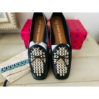 Tory Burch Charm Woven Loafer Size 7.5 Black Raffia Leather Flat Shoes with Logo | eBay US