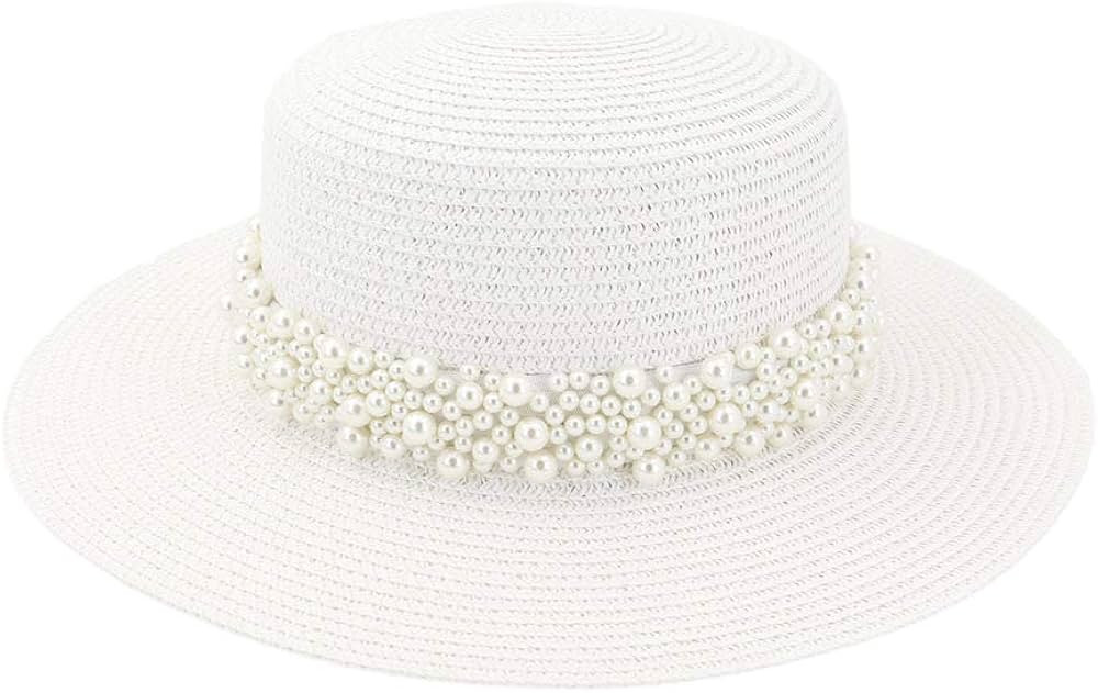 ADAHOP Women Boater Straw Hat Outdoor Seaside Beach Sun Flat Top Sun Caps with Wide Pearl Decorat... | Amazon (US)