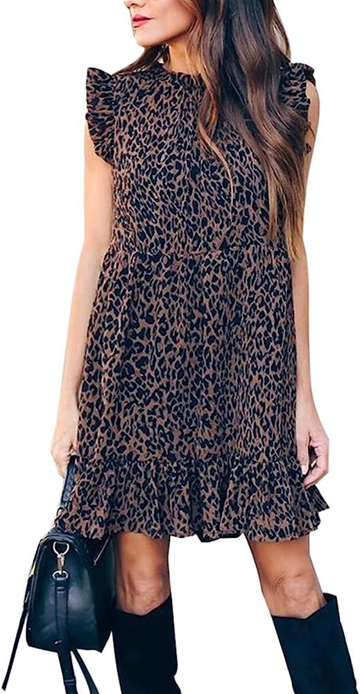 Blooming Jelly Women's Leopard Swing Shift Dress Sleeveless Crewneck Ruffle Babydoll Mini Dress | Amazon (US)