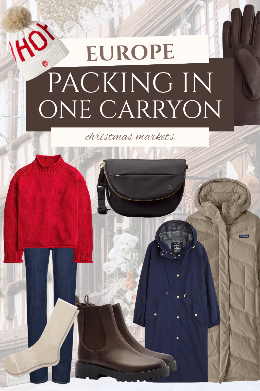 Christmas in Europe is such a magical season! You can't beat a European Christmas market for festive season! But packing during winter can feel so overwhelming (the bulk!). Luckily for you, I've perfected the art of the one-carry-on European vacation. And I frequently go to Europe for a month or more! 

Pick a neutral to unify your wardrobe. I recommend chocolate brown or navy for winter - it looks softer in photos. And then pack separates that can layer well.

Be sure to prioritize being warm and dry over fashionable. And pack fabrics that can lie flat in a bathroom to dry if you need to do a quick wash.

Throw in a good pair of comfortable (and waterproof!) boots and you are all set. 

 #LTKOver40 #LTKStyleTip #LTKTravel