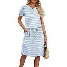 OFEEFAN Womens Summer Dresses Fashion Short Sleeve Crew Neck T Shirt Sundresses Casual Tie Waist ... | Amazon (US)