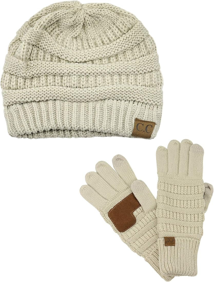 C.C Unisex Soft Stretch Cable Knit Beanie and Anti-Slip Touchscreen Gloves 2 Pc Set 2 Pc Set | Amazon (US)