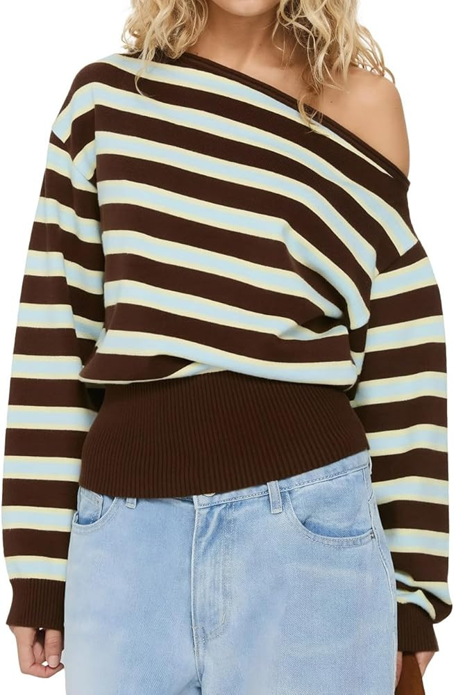 Cioatin Women One Off Shoulder Striped Crop Sweater Asymmetric Long Sleeve Loose Pullover Y2K Cut... | Amazon (US)