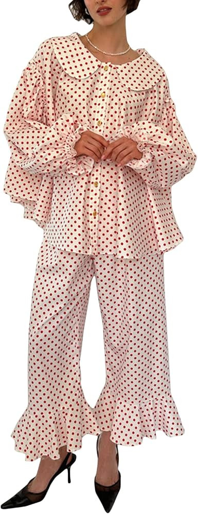 Women Ruffle Pajama Sets Y2k Polka Dot Button Down Long Sleeve Shirt Pants 2 Piece Pjs Cute Loung... | Amazon (US)