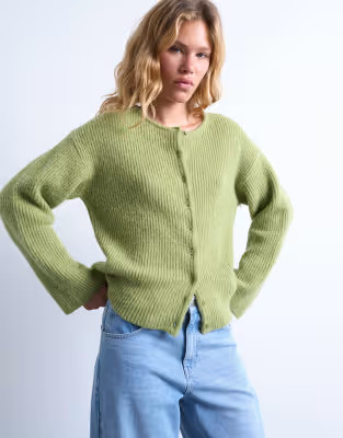 Topshop knitted easy ribbed relaxed cardigan in green | ASOS (Global)