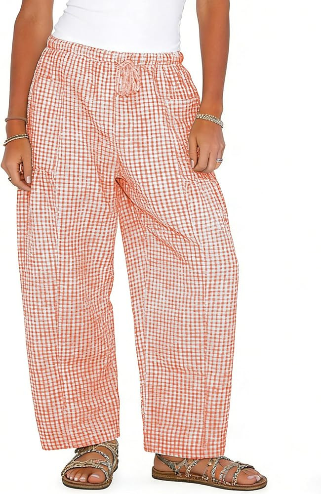 SCUSTY Women's Gingham Barrel Pants Drawstring High Waist Wide Leg Trousers Lounge Pants with Poc... | Amazon (US)
