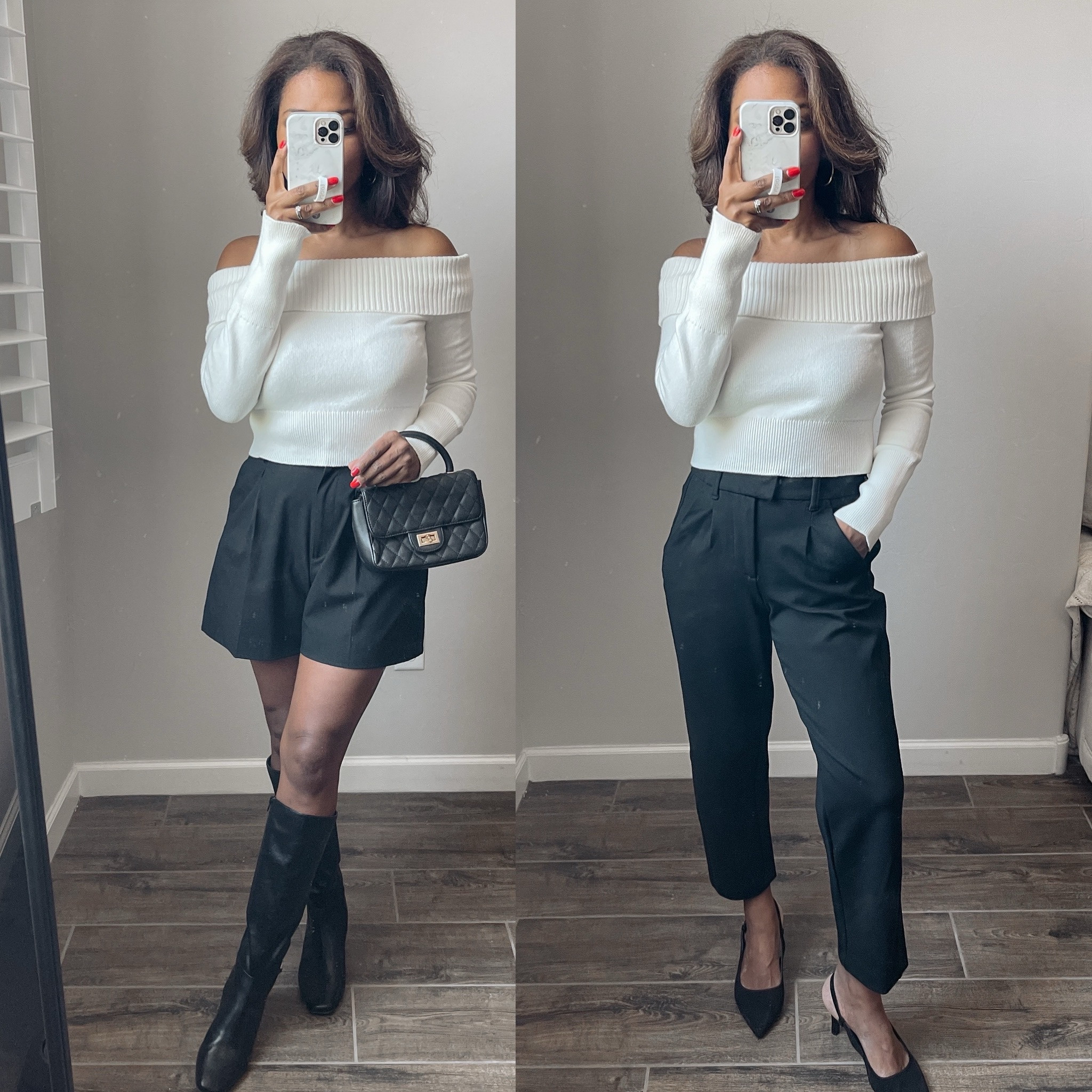 NSALE TRY ON. off shoulder top is a size small, TTS. My trousers are in stock and I’m wearing a 4P. Linking similar boots and shorts 

#LTKxNSale #LTKSeasonal #LTKFindsUnder50