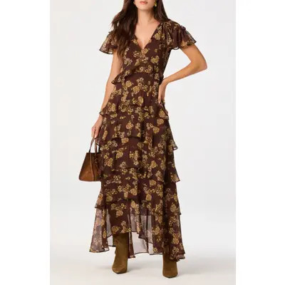 ASTR the Label Odalys Ruffle Tiered Maxi Dress in Brown Floral at Nordstrom, Size X-Small | Nordstrom