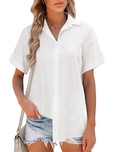 APRAW Womens Button Down Shirts Cotton Short Sleeve Button Up Blouses Collared Casual Linen V Neck Summer Beach Tops White | Amazon (US)
