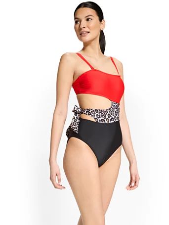 leopard-print colorblock side-tie cut-out one-piece swimsuit - ny&c swimwear | New York & Company