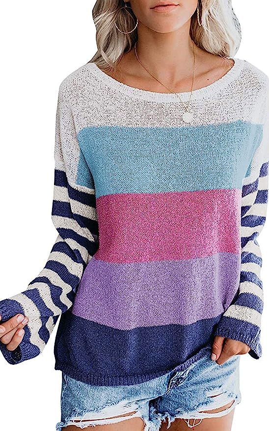 ZESICA Women's Long Sleeve Rainbow Striped Color Block Knitted Casual Loose Oversized Pullover Sw... | Amazon (US)