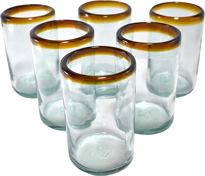 MAREY Hand Blown Mexican Drinking Glasses Artisan Crafted from Mexico Set of 6 pieces (Amber Rim,... | Amazon (US)