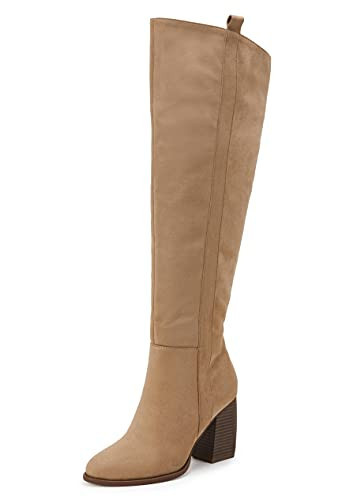 Womens Over The Knee Thigh High Boots Faux Suede Pointed Toe Side Zipper Chunky Block Heel Stretch Boots | Amazon (US)