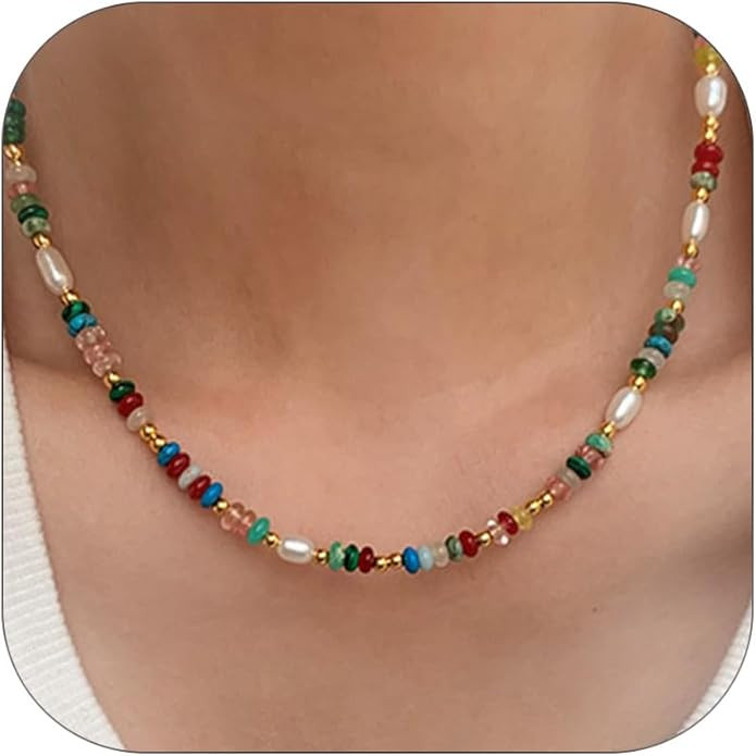 Colorful Beaded Gemstone Neckelace for Women Natural Stone Freshwater Pearl Necklace Rainbow Boho... | Amazon (US)