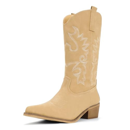 IDIFU Tan Cowboy Boots for Women Cowgirl Western Mid Calf Embroidered Chunky Low Heel Pointed Toe Country Dress Cute Fashion Comfortable Boots Booties(Tan Pu, 6.5) | Amazon (US)